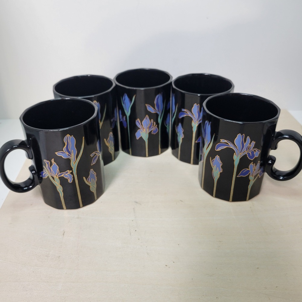 Otagiri Blue Iris Coffee Mugs Set of 5 Black Floral Japan‎ Vintage